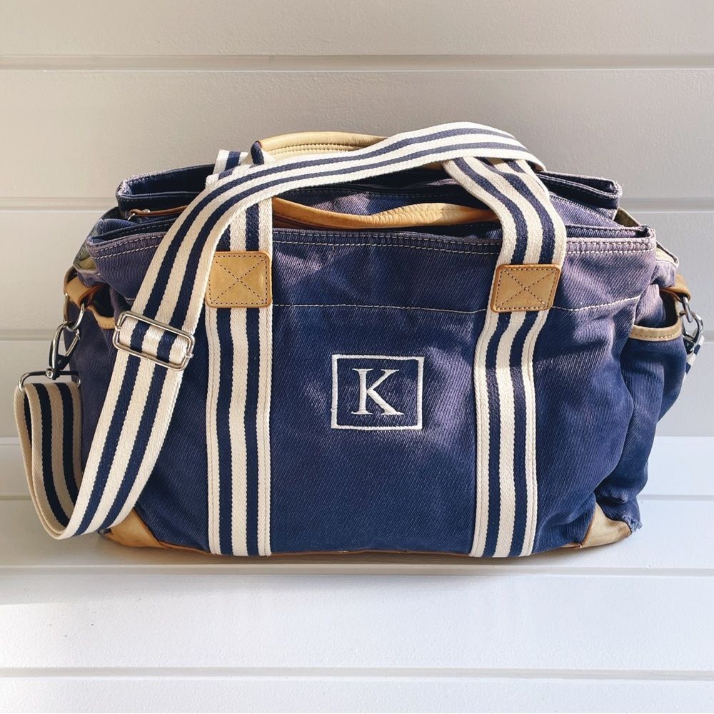 Pottery Barn Navy and White/Off White Large Diaper Bag Monogrammed With A “K”